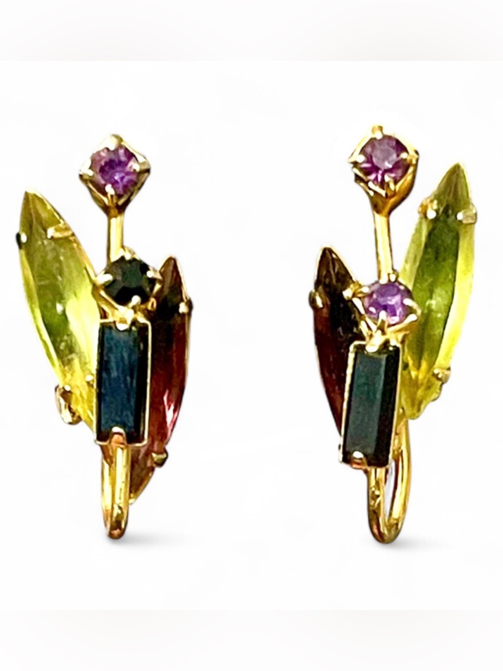 Vintage MCM Atomic Glass Rhinestone Floral Clip Earrings Green Black Purple Red